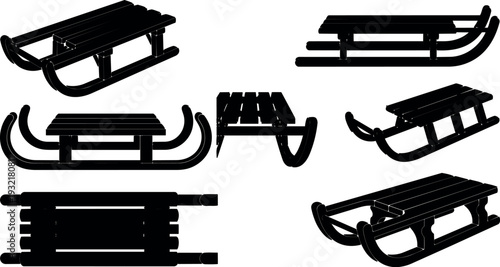 Flat design collection of vintage wooden sled icons various angles top view side view perspective set for winter outdoor holiday