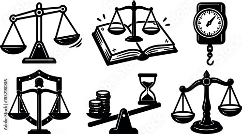 Hand drawn ink law icons set showing scales book coins hourglass stopwatch tilted balance close up legal concept monochrome vintage