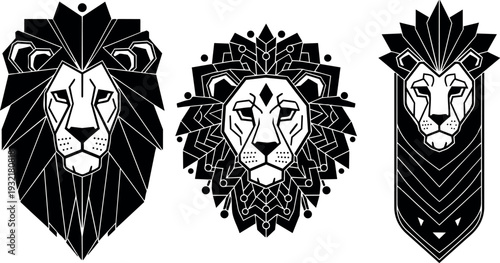 Geometric ornamental lion head triptych vector three stylized heads front facing profile looking forward badge designs black white heraldic icon