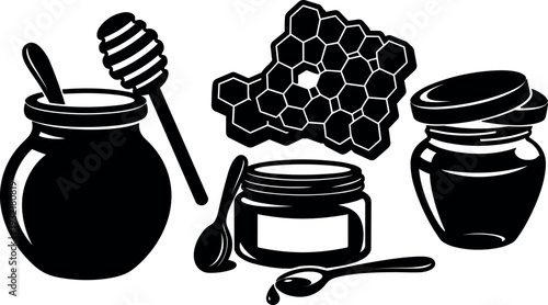 Minimalist vector close up honey jars and honeycomb with dipper and spoons three jars top view simple black white silhouette