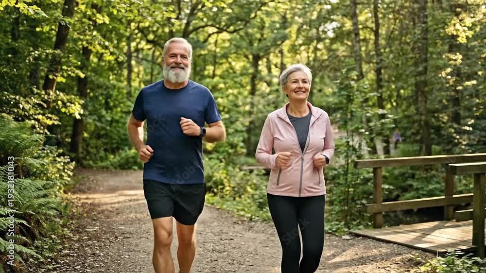 custom made wallpaper toronto digitalHappy senior couple jogging on a forest path, embracing an active and healthy outdoor lifestyle.