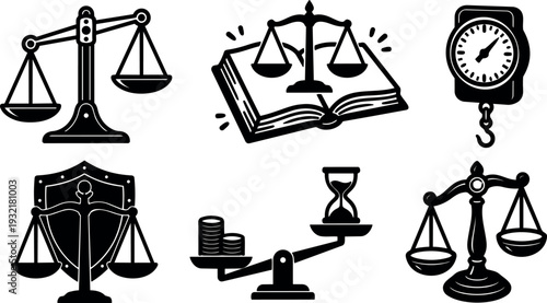 Hand drawn ink justice scale icons close up multiple law symbols balanced scales closeup sketchy monochrome composition vector graphic set