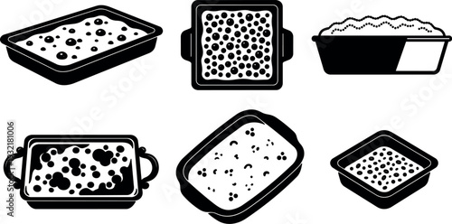 Line art top view assortment of baking dishes and casserole pans with textured fillings isolated vector icons kitchen set collection