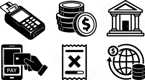Flat icon set showing payment terminal coins bank mobile tap pay declined receipt and global currency symbols line style monochrome