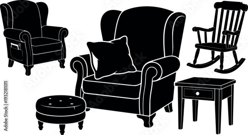 Silhouette vector set showing armchair ottoman rocking chair side table stool and cushion arranged in living room front view minimal