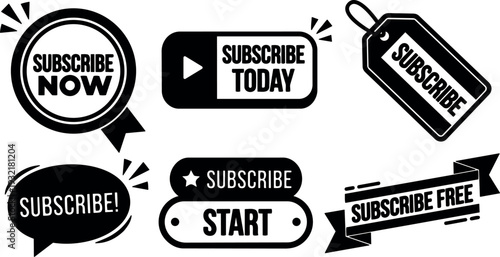 Flat design subscribe badge set with speech bubble button tag start and free ribbons close up sticker style vector icons