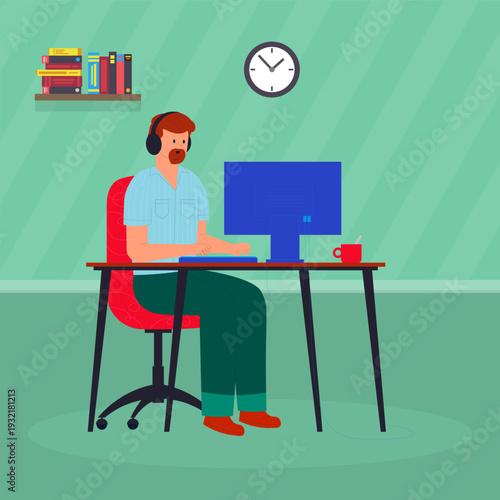 Man Working from Home Office Setup Illustration