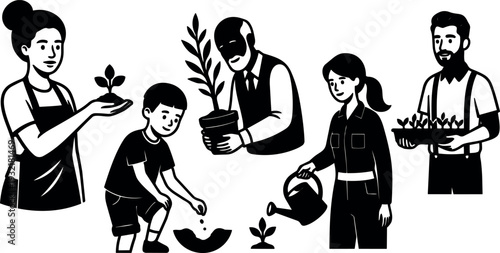 Line art community gardening scene showing five people smiling planting watering seedlings and carrying trays in outdoor planting activity closeup