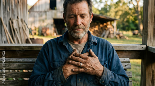 Grateful Senior Farmer With Hands Over Heart Expressing Peace and Relief on Rural Farm Porch, Emotional Wellness and Mental Health Concept