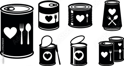 Silhouette vector close up assorted canned food icons with heart labels opened lids spoon and fork symbols flat design packaging