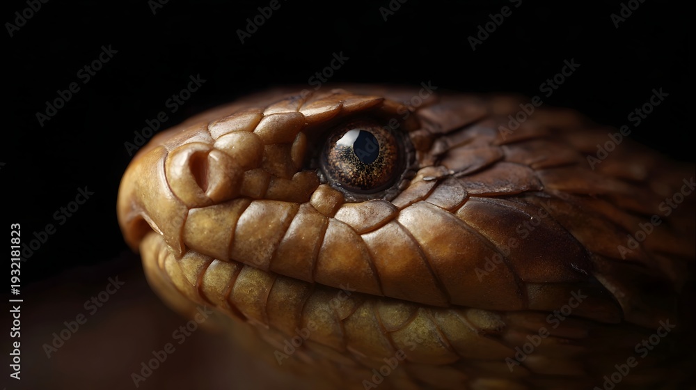Fototapeta premium Extreme close up of a brown snake s intricate eye and textured scales against a dark background