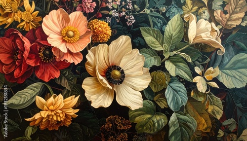 Lush floral arrangement with diverse blossoms in warm and cool tones, vibrant and detailed