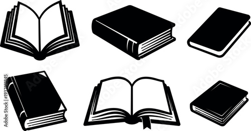 Hand drawn top view collection of open and closed book icons showing spines and covers arranged in grid layout bold