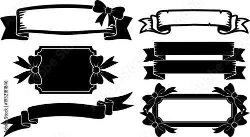 Vintage floral ribbon frame vector set ornamental banners corner flowers six black silhouettes flat design decorative labels badges curled tails