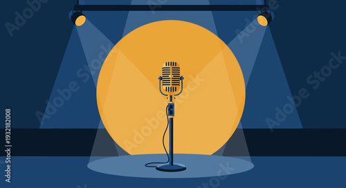 Vintage microphone stands on illuminated stage under spotlights creating live music performance atmosphere