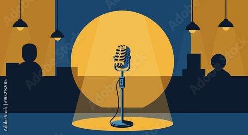 Vintage microphone stands under warm spotlight in cozy club interior creating live music performance atmosphere