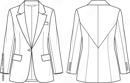 Women's fashion flat technical drawing sketch template of a classic tailored blazer with notch lapels, flap pockets, and single button closure, vector illustration.