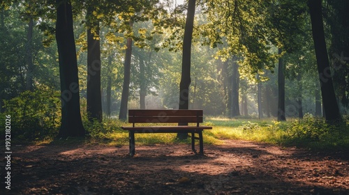 A wooden bench sits in the middle of a path in a lush forest with morning sunlight streaming through the trees.
