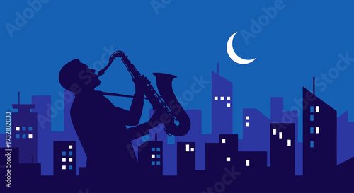 Silhouette saxophonist plays jazz music against city skyline at night under crescent moon