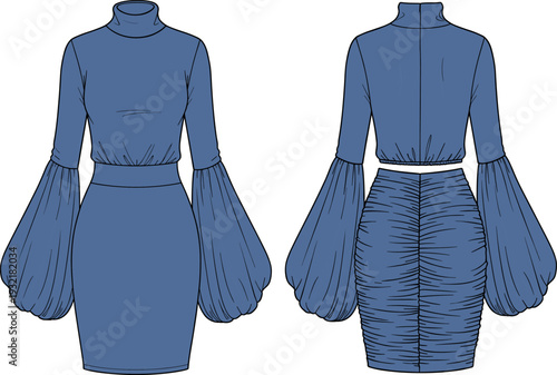 Women's fashion flat technical drawing sketch template of a fitted turtleneck mini dress with voluminous balloon sleeves and back shirring, vector illustration.