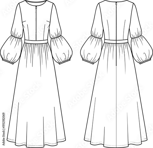 Women's fashion flat technical drawing sketch template of a maxi dress with voluminous balloon sleeves, fitted bodice, and gathered waist, vector illustration.