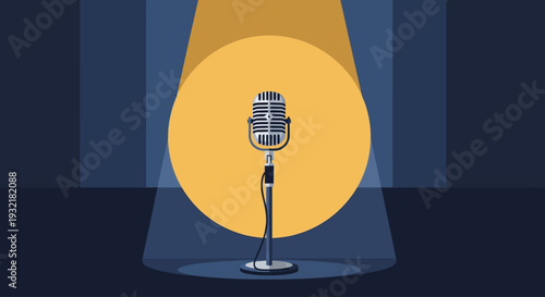 Vintage microphone on stage celebrates Jazz Appreciation Month under a spotlight, capturing the essence of music and performance art