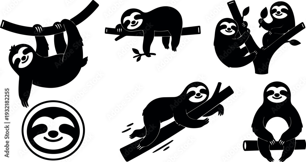 Fototapeta premium Minimal flat design sloth silhouettes hanging climbing and resting on tree branches set of playful vector icons black white cute