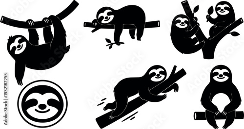 Minimal flat design sloth silhouettes hanging climbing and resting on tree branches set of playful vector icons black white cute