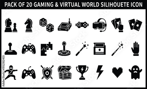 Pack of 20 Gaming and Virtual World Silhouette Icons Set for Modern Digital Design Projects