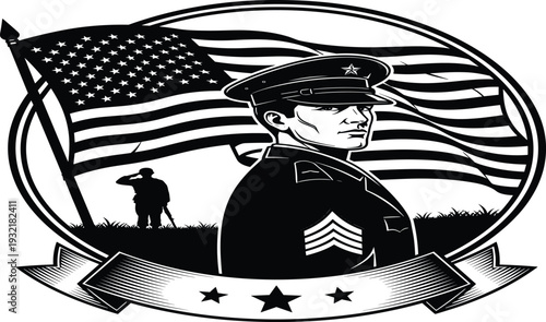 Patriotic Military Memorial Tribute Illustration with Saluting Soldier Silhouette and Waving American Flag