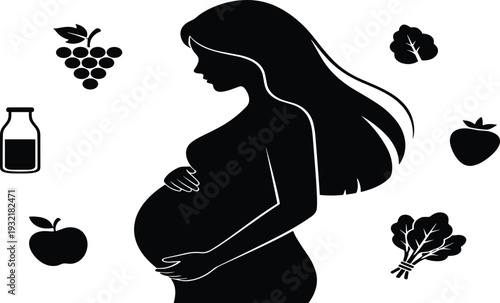 Pregnant Woman Silhouette Surrounded by Healthy Food Illustration for Maternity Nutrition Concept