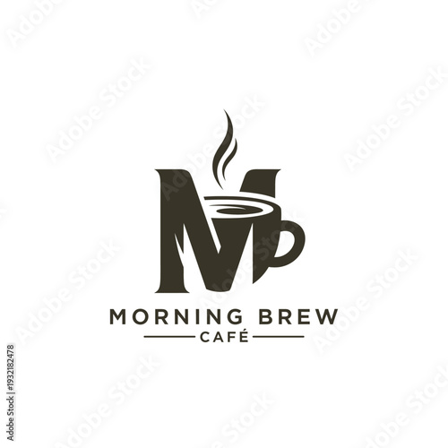 Letter M coffee cup icon logo for morning cafe and breakfast bistro Morning Brew Café