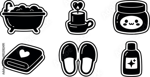 Cute sticker vector set showing bathtub candle oil warmer towel slippers and lotion close up flat style with playful outline