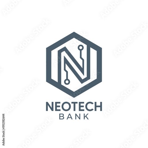 Hexagonal tech circuit letter N logo for digital banking and finance NeoTech Bank