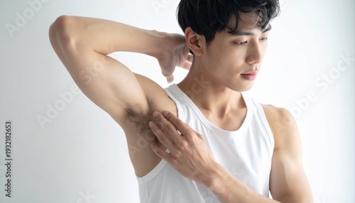 メンズ脱毛・ビフォー　脱毛前の脇のクローズアップ　タンクトップ姿の若い筋肉質な男性　ボディケア・美容