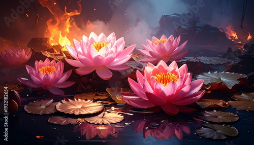 Pink lotus flowers float gracefully on a still pond, juxtaposed by flames and a rocky landscape