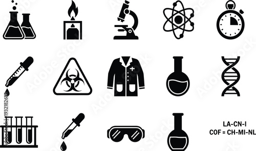 Science Laboratory Equipment and Experiment Icons Set in Black and White Vector Illustration for Educational and Research Design Projects