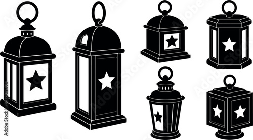 Flat design vintage lantern silhouettes six variations hanging and standing with star cutouts close up view isolated black vector icons