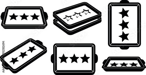 Minimalist flat design star rating badge set six black and white rectangular review score icons top view simple outline vector