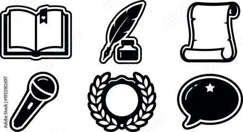 Line art icon set close up open book quill and ink bottle parchment scroll microphone laurel wreath speech bubble vector