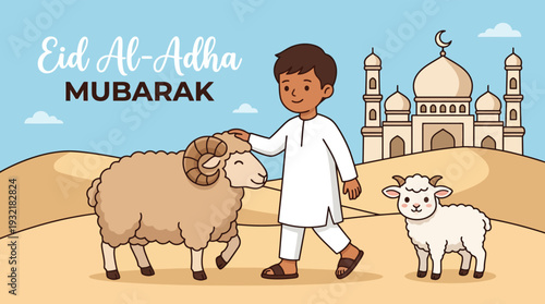 Eid Al Adha boy with sheep and lamb walking in desert with mosque