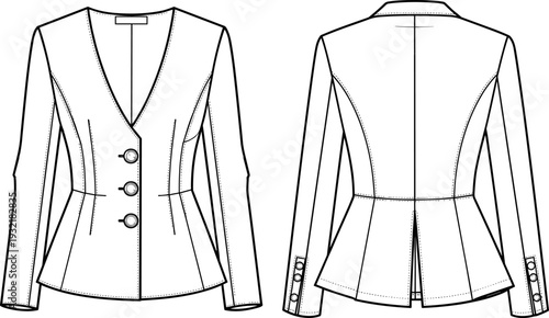 Women's fitted peplum blazer jacket fashion flat sketch template, technical drawing with V-neck, button closure, tailored seams, and sleeve cuffs, front and back view, vector.