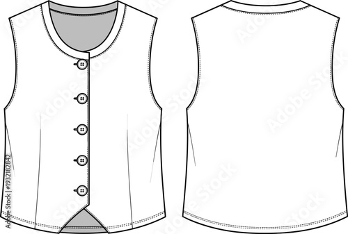 Women's fitted waistcoat vest fashion flat sketch template, technical drawing with round neck, button-front closure, and tailored seams, front and back view, vector.