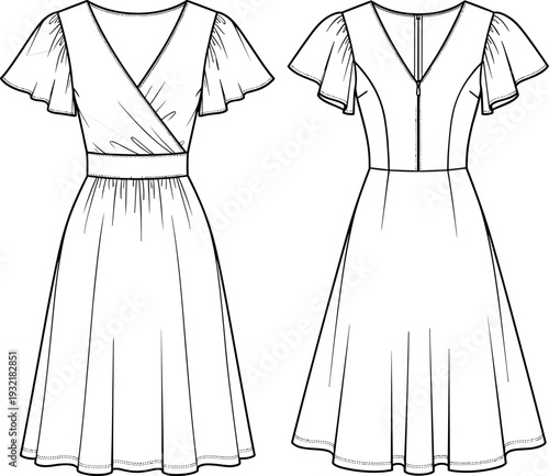 Women's flutter sleeve wrap dress fashion flat sketch template, technical drawing with V-neck, fitted waistband, midi length, and flared skirt, front and back view, vector. 