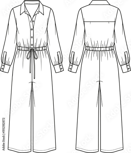 Women's long sleeve jumpsuit fashion flat sketch template, technical drawing with shirt collar, button front, elastic waist, drawstring tie, and wide legs, front and back view, vector.