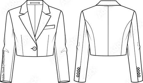 Women's single-breasted cropped blazer technical fashion flat, peaked lapel, front button closure, fitted silhouette, black vector illustration.