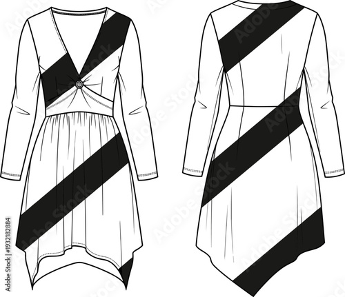 Women's long-sleeve knit V-neck tunic dress fashion illustration with gathered bodice, asymmetrical handkerchief hemline, and bold diagonal black stripes technical drawing flat sketch vector.