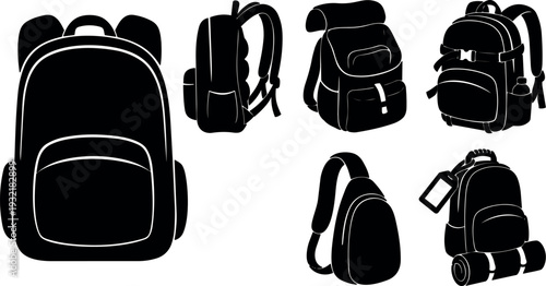 Flat design set of backpack icons showing multiple angles travel and camping gear silhouettes with tag and rolled mat front