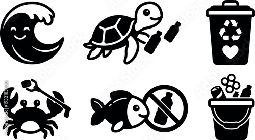 Flat design environmental icons set turtle with bottles fish no plastic recycle bin moon crab planting potted flowers silhouette vector
