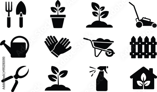 Set of 16 Black Gardening Tools and Planting Icons for Lawn Care and Garden Design Vector Illustration